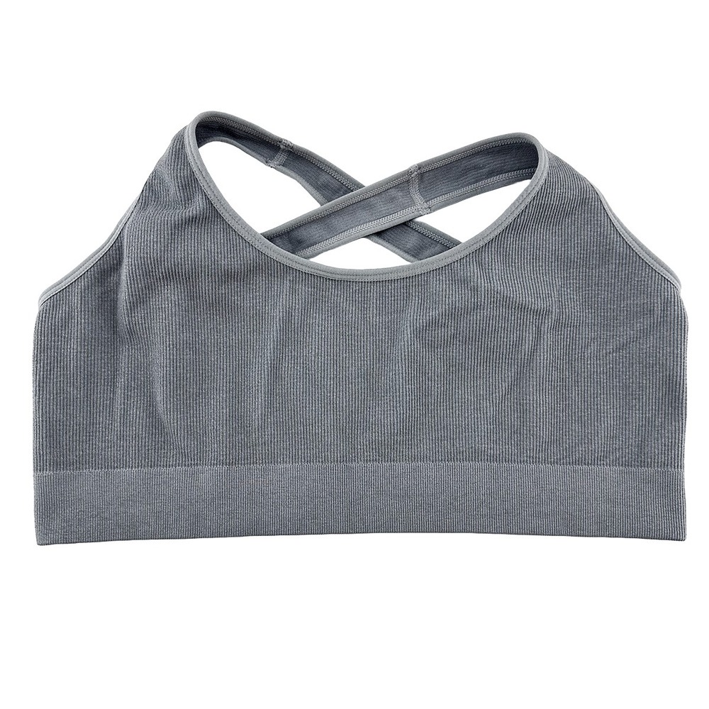 Ribbed Criss Cross Strappy Back Athletic Sports Bra • XL • gray • running, yoga